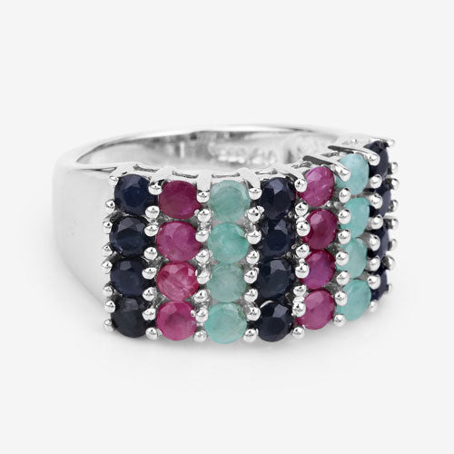 Anillo de Plata Fina .925 con Esmeralda, Rubí y Zafiro Negro Genuinos de 3.40 Quilates