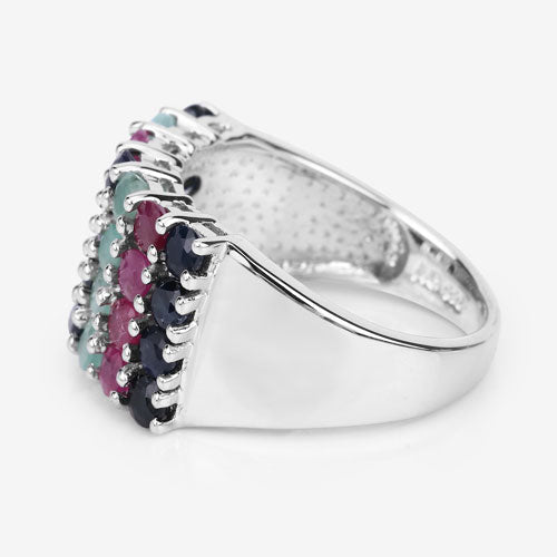 Anillo de Plata Fina .925 con Esmeralda, Rubí y Zafiro Negro Genuinos de 3.40 Quilates