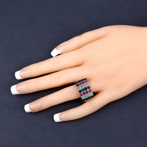 Anillo de Plata Fina .925 con Esmeralda, Rubí y Zafiro Negro Genuinos de 3.40 Quilates