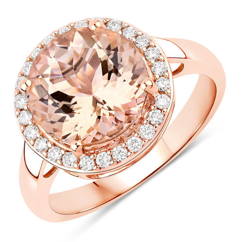 Anillo de oro rosa de 14 quilates con morganita auténtica de 3,61 quilates y diamantes blancos