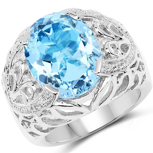 Anillo de Plata de Ley .925 con Topacio Azul Genuino y Topacio Blanco de 11.29 Quilates
