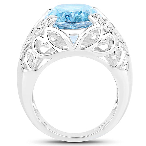 Anillo de Plata de Ley .925 con Topacio Azul Genuino y Topacio Blanco de 11.29 Quilates