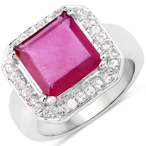Anillo de Plata de ley .925 con Rubí relleno de cristal de 6.36 quilates y Topacio blanco