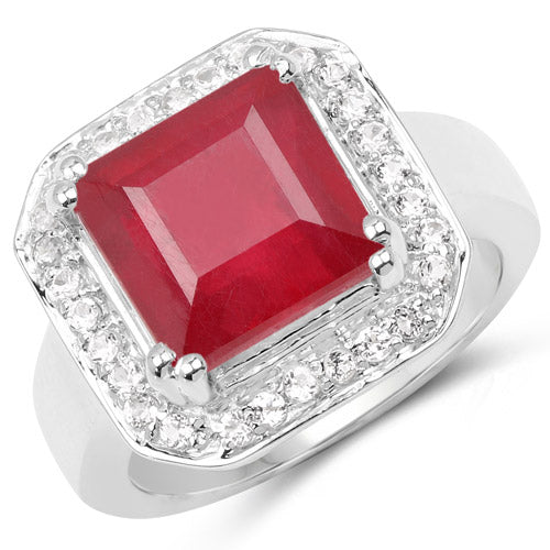 Anillo de Plata de ley .925 con Rubí relleno de cristal de 6.36 quilates y Topacio blanco