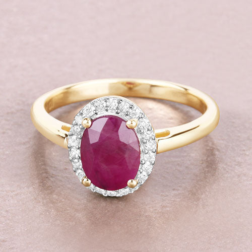 Anillo de oro amarillo de 10K con rubí auténtico de 1,59 quilates y diamantes blancos