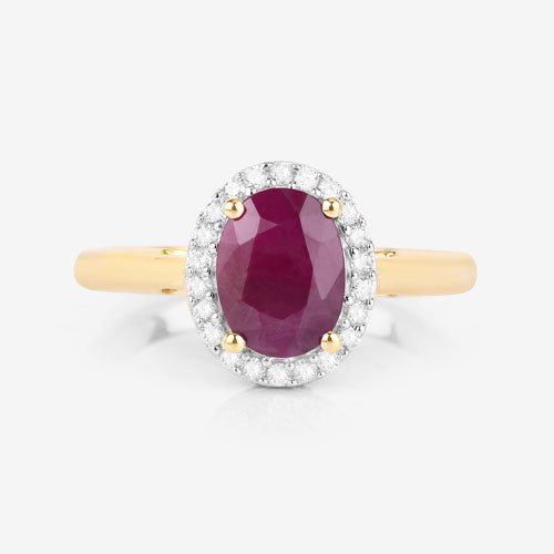 Anillo de oro amarillo de 10K con rubí auténtico de 1,59 quilates y diamantes blancos