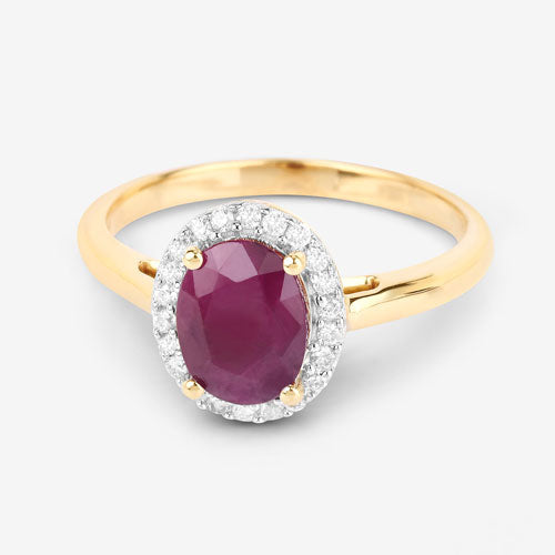 Anillo de oro amarillo de 10K con rubí auténtico de 1,59 quilates y diamantes blancos