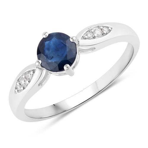 Anillo de oro blanco de 10 quilates con zafiro azul auténtico de 0,89 quilates y diamante blanco