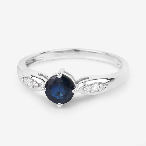 Anillo de oro blanco de 10 quilates con zafiro azul auténtico de 0,89 quilates y diamante blanco