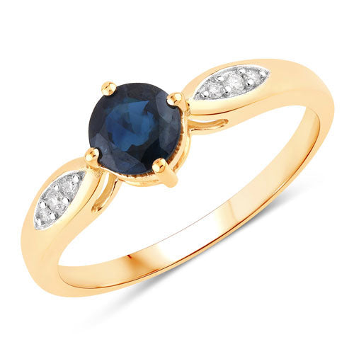 Anillo de oro amarillo de 10 quilates con zafiro azul auténtico de 0,89 quilates y diamantes blancos