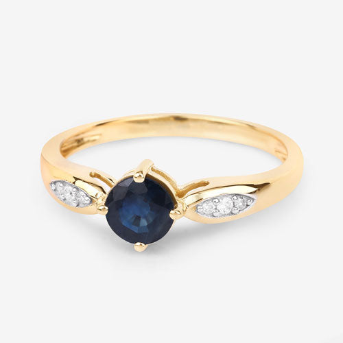 Anillo de oro amarillo de 10 quilates con zafiro azul auténtico de 0,89 quilates y diamantes blancos
