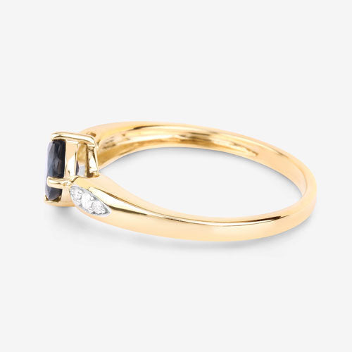 Anillo de oro amarillo de 10 quilates con zafiro azul auténtico de 0,89 quilates y diamantes blancos