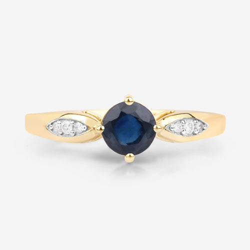 Anillo de oro amarillo de 10 quilates con zafiro azul auténtico de 0,89 quilates y diamantes blancos