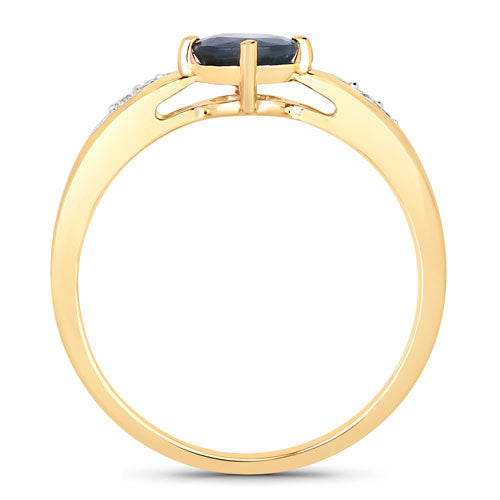 Anillo de oro amarillo de 10 quilates con zafiro azul auténtico de 0,89 quilates y diamantes blancos