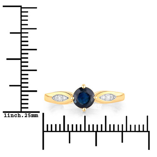 Anillo de oro amarillo de 10 quilates con zafiro azul auténtico de 0,89 quilates y diamantes blancos