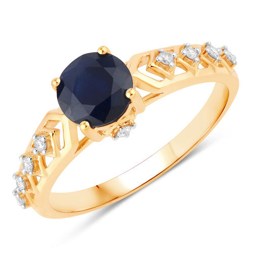 Anillo de oro amarillo de 10 quilates con zafiro azul auténtico de 1.13 quilates y diamantes blancos