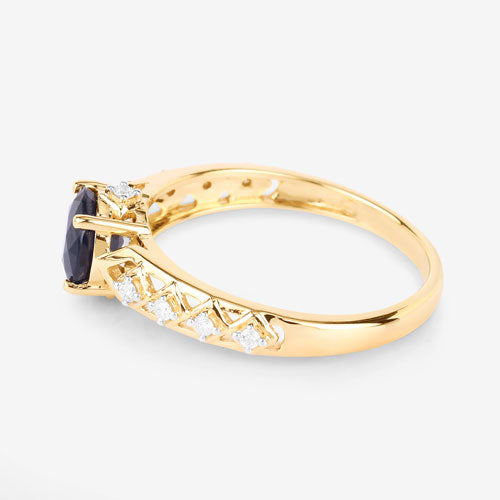 Anillo de oro amarillo de 10 quilates con zafiro azul auténtico de 1.13 quilates y diamantes blancos