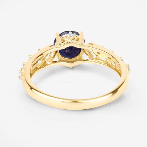 Anillo de oro amarillo de 10 quilates con zafiro azul auténtico de 1.13 quilates y diamantes blancos
