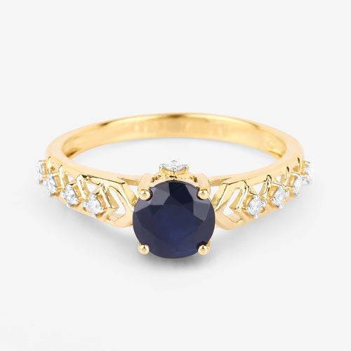 Anillo de oro amarillo de 10 quilates con zafiro azul auténtico de 1.13 quilates y diamantes blancos