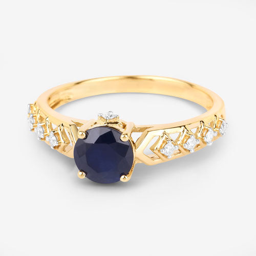Anillo de oro amarillo de 10 quilates con zafiro azul auténtico de 1.13 quilates y diamantes blancos