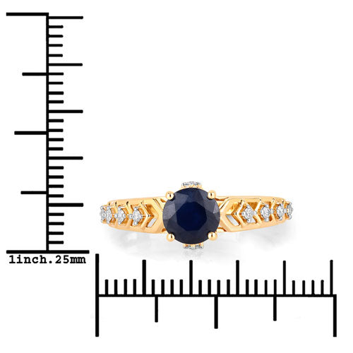 Anillo de oro amarillo de 10 quilates con zafiro azul auténtico de 1.13 quilates y diamantes blancos