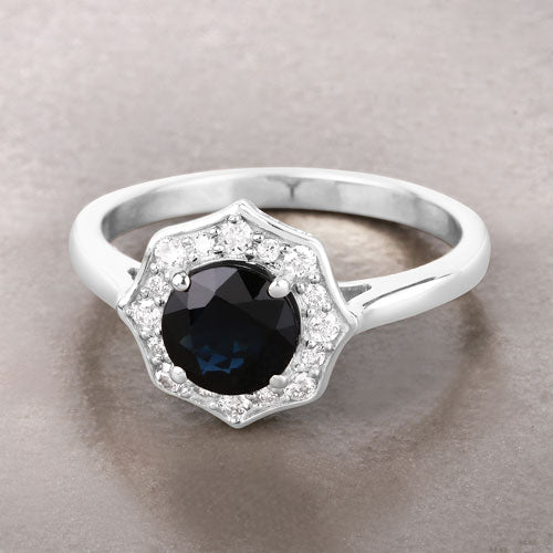 Anillo de oro blanco de 10 quilates con zafiro azul auténtico de 1.34 quilates y diamantes blancos