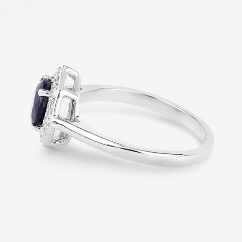Anillo de oro blanco de 10 quilates con zafiro azul auténtico de 1.34 quilates y diamantes blancos