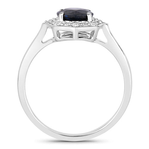 Anillo de oro blanco de 10 quilates con zafiro azul auténtico de 1.34 quilates y diamantes blancos