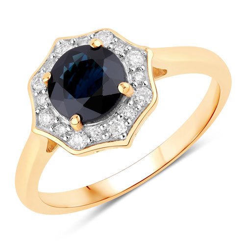 Anillo de oro amarillo de 10K con zafiro azul genuino de 1.34 quilates y diamante blanco