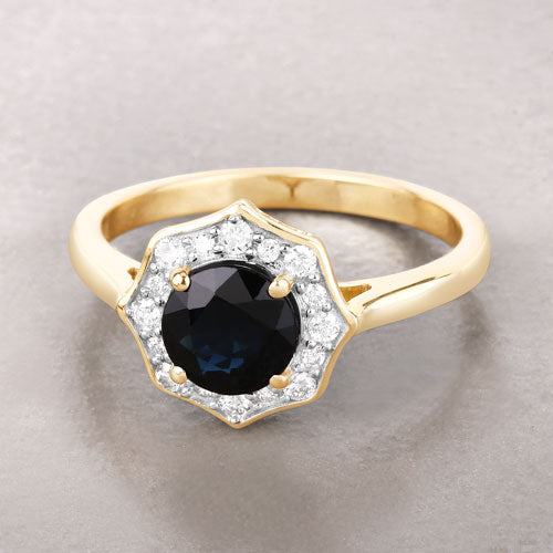 Anillo de oro amarillo de 10K con zafiro azul genuino de 1.34 quilates y diamante blanco