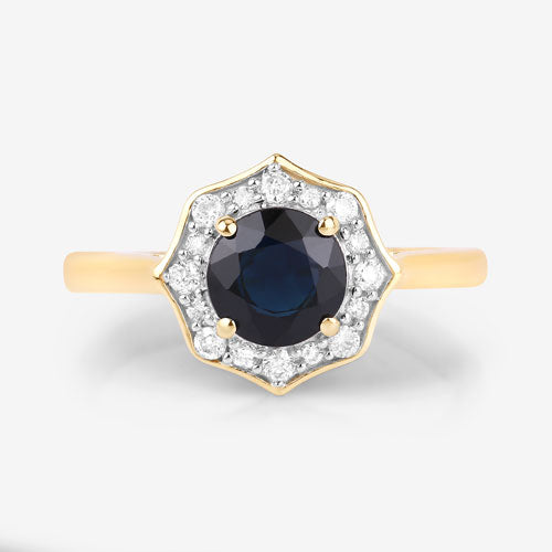 Anillo de oro amarillo de 10K con zafiro azul genuino de 1.34 quilates y diamante blanco