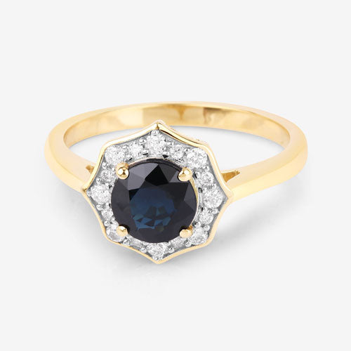 Anillo de oro amarillo de 10K con zafiro azul genuino de 1.34 quilates y diamante blanco