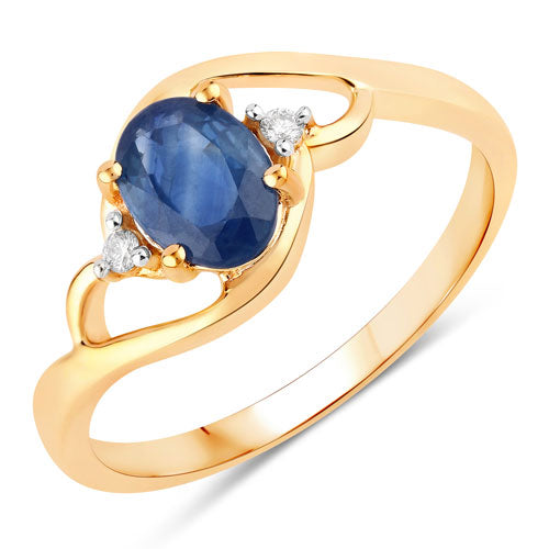 Anillo de oro amarillo de 10 quilates con zafiro azul genuino de 0,98 quilates y diamantes blancos