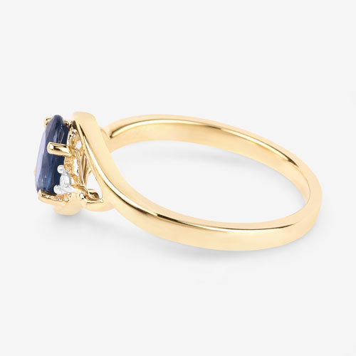 Anillo de oro amarillo de 10 quilates con zafiro azul genuino de 0,98 quilates y diamantes blancos