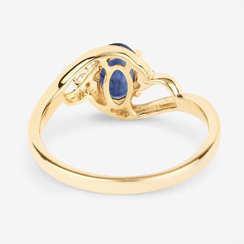 Anillo de oro amarillo de 10 quilates con zafiro azul genuino de 0,98 quilates y diamantes blancos