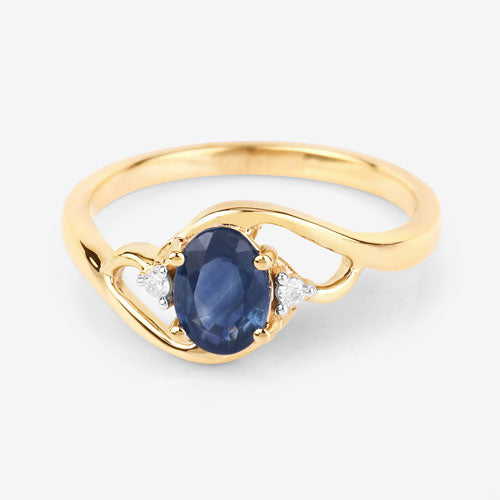 Anillo de oro amarillo de 10 quilates con zafiro azul genuino de 0,98 quilates y diamantes blancos