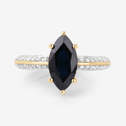Anillo de oro amarillo de 10 quilates con zafiro azul genuino de 2.39 quilates y diamantes blancos