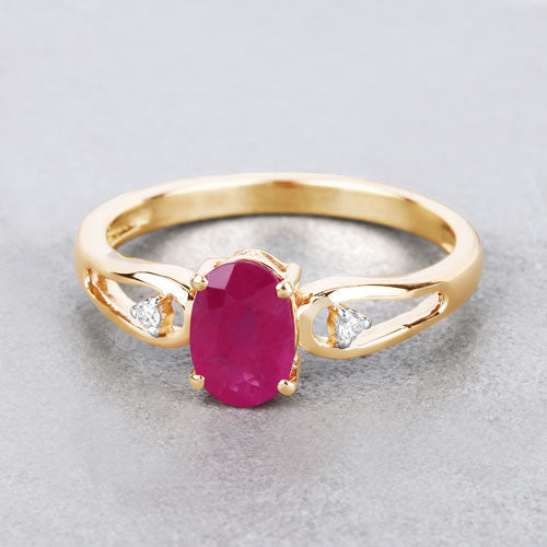 Anillo de oro amarillo de 14K con rubí genuino de 0,95 quilates y diamantes blancos