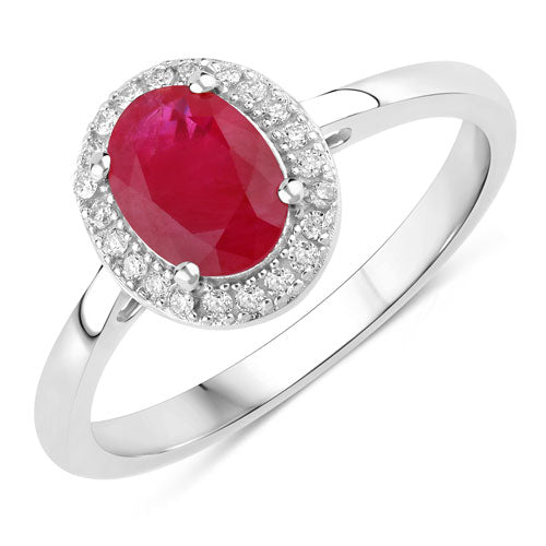 Anillo de oro blanco de 14K con rubí auténtico de 1.06 quilates y diamantes blancos