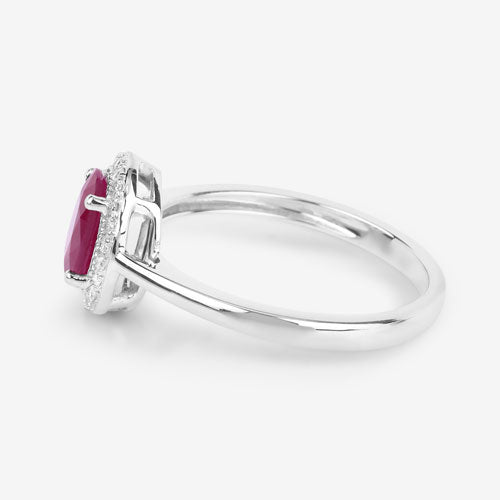 Anillo de oro blanco de 14K con rubí auténtico de 1.06 quilates y diamantes blancos