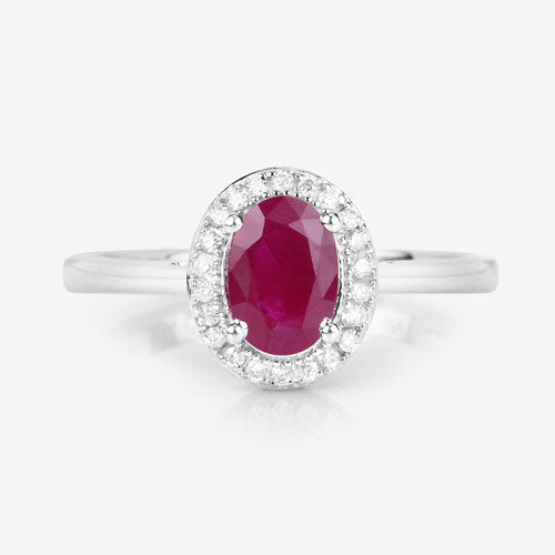 Anillo de oro blanco de 14K con rubí auténtico de 1.06 quilates y diamantes blancos