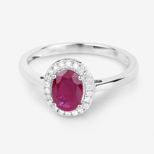 Anillo de oro blanco de 14K con rubí auténtico de 1.06 quilates y diamantes blancos