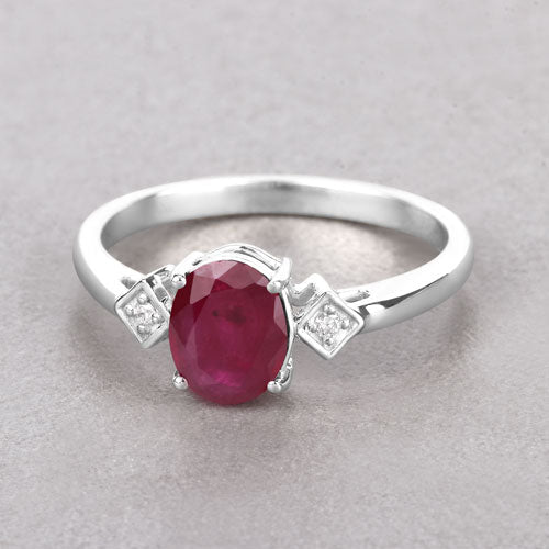 Anillo de oro blanco de 14 quilates con rubí genuino de 1.22 quilates y diamantes blancos