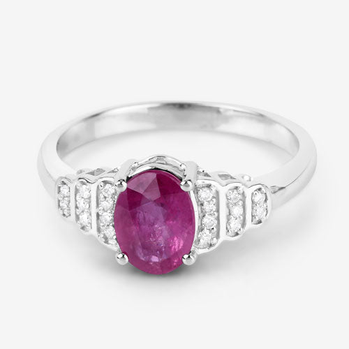 Anillo de oro blanco de 14K con rubí genuino de 1.52 quilates y diamantes blancos