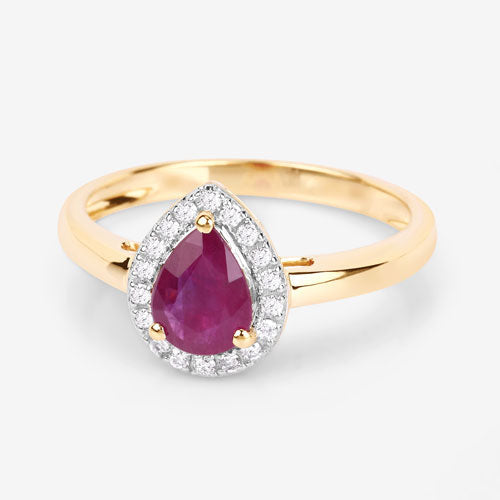 Anillo de oro amarillo de 14K con rubí auténtico de 1,02 quilates y diamantes blancos