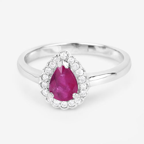 Anillo de oro blanco de 14K con rubí genuino de 0,94 quilates y diamantes blancos
