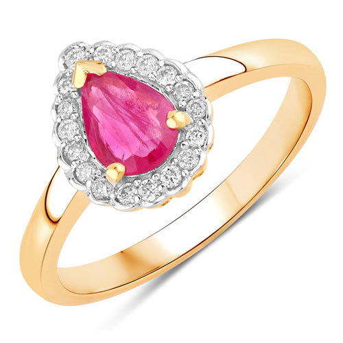 Anillo de 0,94 quilates de rubí auténtico y diamantes blancos en oro amarillo de 14 quilates