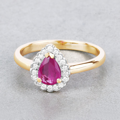 Anillo de 0,94 quilates de rubí auténtico y diamantes blancos en oro amarillo de 14 quilates