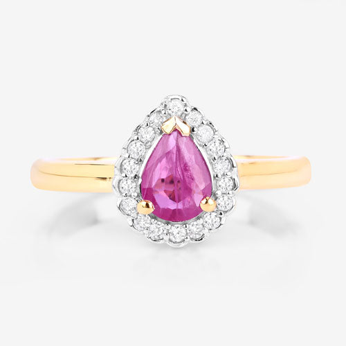 Anillo de 0,94 quilates de rubí auténtico y diamantes blancos en oro amarillo de 14 quilates