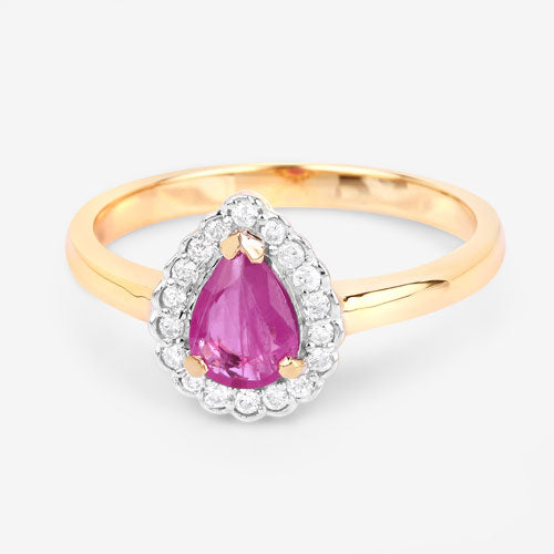 Anillo de 0,94 quilates de rubí auténtico y diamantes blancos en oro amarillo de 14 quilates